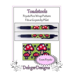 Op de afbeelding: Een zwarte G2-pen van Pilot met een groen en rood kralenpatroon met paddenstoelen. De afbeelding toont het kralenpatroon en de tekst "Toadstools Peyote Pen Wrap Pattern Fits a G2 pen by Pilot".