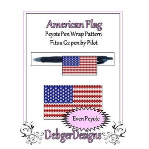 May include: A digital pattern for an American flag pen wrap made with even count peyote stitch beading. The pattern is designed to fit a G2 pen by Pilot. The image shows a beaded pen wrap and a close-up of the beading pattern.