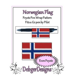 May include: A digital pattern for a peyote stitch pen wrap featuring the Norwegian flag. The pattern is for an even count peyote stitch and fits a G2 pen by Pilot. The pattern includes a close-up of the flag design and the text "Even Peyote" and "DebgerDesigns".