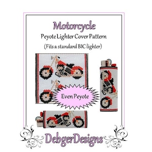May include: A beaded pattern for a lighter cover featuring a motorcycle design in red, black, and white. The pattern is called "Motorcycle" and is made using even peyote stitch. The pattern is for a standard BIC lighter.