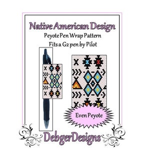 Pode incluir: Um padrão de envoltório de caneta de ponto peyote de design nativo americano para uma caneta G2 da Pilot. O padrão apresenta um design geométrico com contas laranja, azul e brancas sobre um fundo branco. O texto "Even Peyote" está escrito em uma estrela rosa.