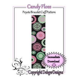 May include: A black and white peyote stitch bracelet pattern featuring a repeating design of pink, green, and white circles. The pattern is titled "Candy Floss" and includes the text "Peyote Bracelet Cuff Pattern" and "Copyright DebgerDesigns".
