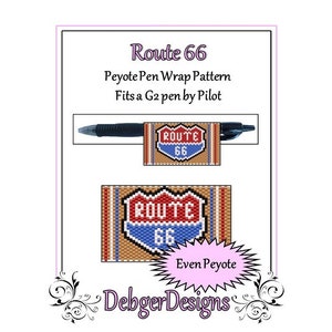 Pode incluir: Um padrão de envoltório de caneta de ponto peyote para uma caneta G2 da Pilot. O padrão apresenta uma placa da Rota 66 vermelha, branca e azul com o texto "ROUTE 66". O padrão é para ponto peyote de contagem par.
