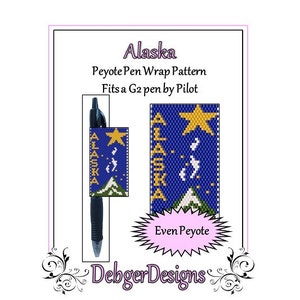 May include: A digital pattern for a peyote stitch pen wrap featuring the state of Alaska. The pattern is for an even count peyote stitch and fits a G2 pen by Pilot. The pattern includes the state name "ALASKA" and a yellow star on a blue background with a mountain scene.