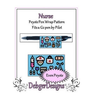 Può includere: Uno schema stampabile per un rivestimento per penna in punto peyote a tema infermiera. Lo schema è per una penna G2 di Pilot e presenta un'infermiera con simboli medici. Lo schema è per il punto peyote a conteggio pari.