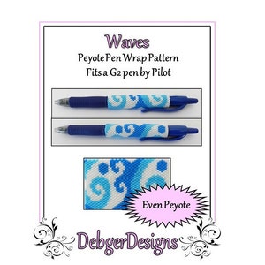 May include: A blue and white peyote stitch pen wrap pattern for a G2 pen by Pilot. The pattern is called "Waves" and is made with even peyote stitch.