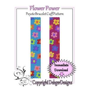 May include: A digital pattern for a peyote stitch bracelet cuff with a flower power theme. The pattern features two different designs, one with a blue background and the other with a purple background. Both designs feature colorful flowers.