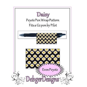 May include: A black and white beading pattern for a pen wrap, featuring a daisy design. The pattern is called "Daisy" and is an even peyote stitch. The pattern is for a G2 pen by Pilot. The text "Debger Designs" is at the bottom of the image.