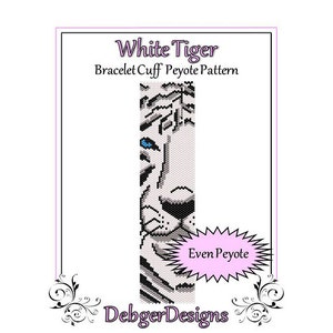 May include: White Tiger Bracelet Cuff Peyote Pattern beading pattern. The pattern features a white tiger face with blue eyes. The pattern is for even count peyote stitch.