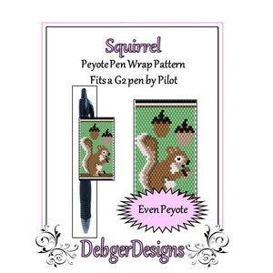Könnte beinhalten: Ein Perlenmuster für eine Stiftummantelung mit einem Eichhörnchen, das eine Eichel hält. Das Muster heißt "Squirrel" und ist für den geraden Peyotestich. Das Muster ist für einen G2-Stift von Pilot konzipiert.