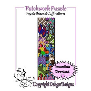 Op de afbeelding: Een kleurrijk peyote-steek armband manchetpatroon met een patchwork ontwerp. Het patroon heet "Patchwork Puzzle" en bevat de tekst "Copyright DebgerDesigns".