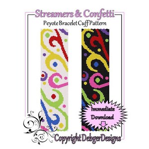 Puede incluir: Un patrón de brazalete de puño Peyote con dos diseños, uno con fondo blanco y remolinos coloridos y el otro con fondo negro y remolinos coloridos. El texto "Streamers & Confetti" y "Peyote Bracelet Cuff Pattern" está en la parte superior de la imagen. El texto "Descarga inmediata" está en un bocadillo en la parte inferior de la imagen. El texto "Copyright DebgerDesigns" está en la parte inferior de la imagen.