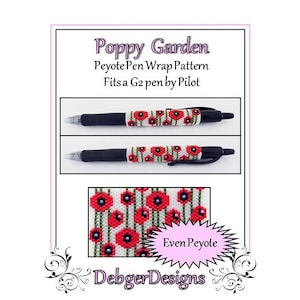 Könnte beinhalten: Ein digitaler Download-Muster für eine Peyote-Stich-Stiftummantelung mit roten Mohnblumen auf weißem Hintergrund. Das Muster ist für einen G2-Stift von Pilot und heißt "Poppy Garden". Das Muster stammt von Debger Designs.