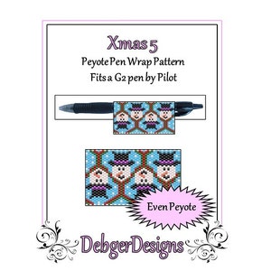 May include: A digital download pattern for a peyote stitch pen wrap featuring a snowman design. The pattern is called "Xmas 5" and is designed to fit a G2 pen by Pilot. The pattern is for even count peyote stitch.