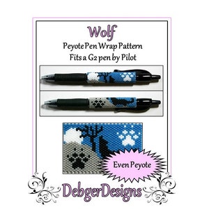 May include: A beading pattern for a wolf pen wrap, using even peyote stitch. The pattern is designed to fit a G2 pen by Pilot. The image shows a finished pen wrap with a blue, gray, and white color scheme.