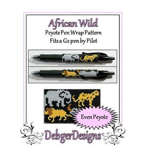 Puede incluir: Un patrón de envoltura de bolígrafo con cuentas con un tema de vida silvestre africana con elefantes, leones y cebras. El patrón está hecho con puntada de peyote de conteo par y está diseñado para adaptarse a un bolígrafo G2 de Pilot. El patrón se llama "African Wild".