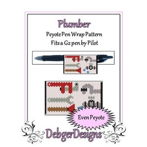 May include: A printable pattern for a peyote stitch pen wrap featuring a plumber theme. The pattern includes a wrench, pipe, and other tools. The pattern is for an even count peyote stitch and fits a G2 pen by Pilot. The pattern is labeled "Plumber" and "Even Peyote".