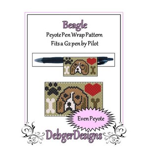Op de afbeelding: Beagle Peyote Pen Wrap-patroon. Past voor een G2 pen van Pilot. Even Peyote. DebgerDesigns.
