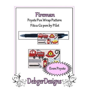 Puede incluir: Un patrón imprimible para una envoltura de bolígrafo de punto peyote con temática de bombero. El patrón incluye un camión de bomberos, un casco de bombero y una manguera de incendios. El patrón está diseñado para adaptarse a un bolígrafo G2 de Pilot. El texto "Even Peyote" está incluido en la imagen.