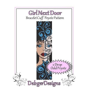 May include: A digital pattern for a bracelet cuff in the peyote stitch. The design features a woman's face split in half, with one side in color and the other in black and white. The text "Girl Next Door" and "DebgerDesigns" are also visible.