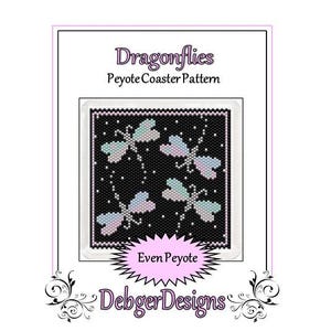 May include: A printable pattern for a beaded coaster featuring a design of four dragonflies on a black background. The pattern is for even peyote stitch and is titled "Dragonflies Peyote Coaster Pattern" by Debger Designs.
