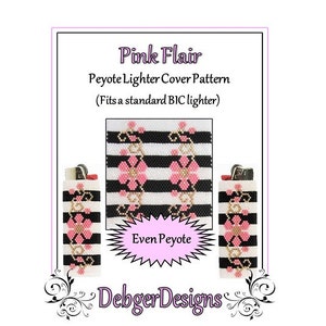 May include: A pattern for a pink and black beaded lighter cover. The pattern is called "Pink Flair" and is made using even peyote stitch. The pattern is for a standard BIC lighter.