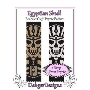 May include: A digital pattern for a beaded bracelet cuff featuring an Egyptian skull design. The pattern is for 2-drop even peyote stitch and is available in two colorways: black, white, and gold, or black, white, and brown.