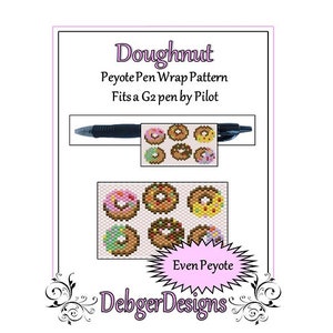 May include: A printable pattern for a doughnut-themed peyote stitch pen wrap. The pattern is designed to fit a G2 pen by Pilot. The image shows a close-up of the finished pen wrap with a variety of colourful doughnuts.