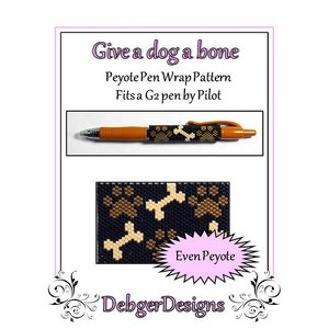 Op de afbeelding: Een kralenpatroon voor een penomslag met poot afdrukken en botten op een zwarte achtergrond. Het patroon heet "Give a dog a bone" en is voor een even peyote steek. Het patroon is voor een G2 pen van Pilot.