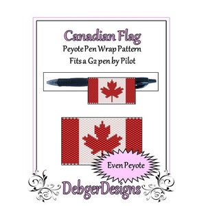 May include: A Canadian flag design for a pen wrap. The image shows a black pen with a beaded wrap in the colours of the Canadian flag: red and white. The text reads "Canadian Flag Peyote Pen Wrap Pattern Fits a G2 pen by Pilot."