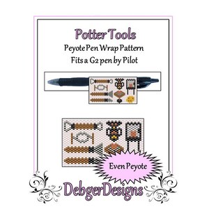 Op de afbeelding: Een digitaal patroon voor een peyote-steek penomslag, met een ontwerp van pottenbakkersgereedschap. Het patroon is voor een G2-pen van Pilot en is een even peyote-steek. Het patroon is getiteld "Potter Tools" en is van DebgerDesigns.