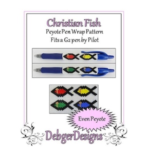 Puede incluir: Un patrón imprimible para una envoltura de bolígrafo de punto de peyote con un diseño de pez cristiano. El patrón es para un bolígrafo G2 de Pilot. El patrón se llama "Christian Fish" y es de Debger Designs.