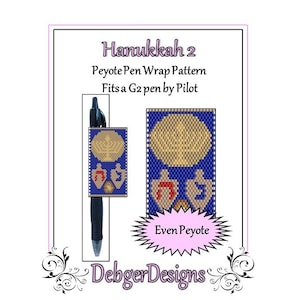 May include: A printable pattern for a peyote stitch pen wrap featuring a blue background with a gold menorah and dreidels. The pattern is for a G2 pen by Pilot and is labeled "Hanukkah 2" and "Even Peyote".