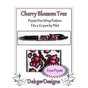 May include: A beading pattern for a cherry blossom tree pen wrap, using even count peyote stitch. The pattern is designed to fit a G2 pen by Pilot. The image shows a finished pen wrap and a close-up of the pattern.