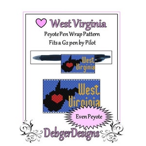 May include: A white background features a black pen and a blue and black beaded design with the text "West Virginia" and a red heart. The text "Peyote Pen Wrap Pattern" is also visible.