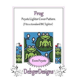 Peut inclure: Un motif numérique pour une housse de briquet peyote avec un motif de grenouille. L'image montre un fond bleu avec des grenouilles vertes et des nénuphars. Le texte indique "Frog Peyote Lighter Cover Pattern (Fits a standard BIC lighter)".