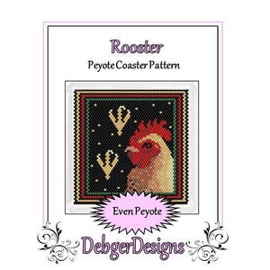 May include: A printable pattern for a rooster peyote coaster. The pattern is for even count peyote stitch and features a rooster with a red comb and wattle, a white body, and black eyes. The rooster is on a black background with white stars and green and gold borders.