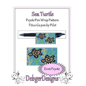 May include: A beading pattern for a pen wrap featuring two sea turtles swimming in a blue and green ocean. The pattern is called "Sea Turtle" and is for even count peyote stitch. The pattern is designed to fit a G2 pen by Pilot.