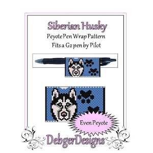 May include: A beading pattern for a Siberian Husky pen wrap, using even count peyote stitch. The pattern is designed to fit a G2 pen by Pilot. The pattern includes a husky face and paw prints.