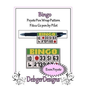 May include: A printable pattern for a peyote stitch pen wrap that fits a G2 pen by Pilot. The pattern features a bingo card with the numbers 10, 33, 51, 63, 4, 2, 13, and 60. The pattern is for even count peyote stitch.