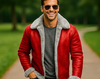 Weihnachtsmann Anzug-Weihnachtsmann Rote Leder Bomberjacke, Rote Lammfell Fliegerjacke, Weihnachtsmann Kostüm für Männer und Frauen/Weihnachtsmann Rote Jacke