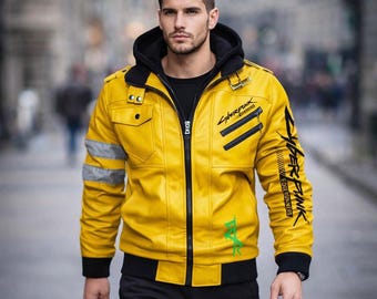 Handgefertigte David Cyberpunk 2077 Jacke - Gelbe Bikerjacke mit Kapuze Lederjacke Leder - Kantenläufer Martinez Gaming Cosplay Gelber Mantel