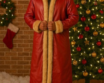 Handgefertigter roter Weihnachtsmann-Mantel - Lammbesatz, Weihnachts-Cosplay | Kurt Russell Weihnachtsmann Ledermantel