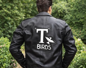 Handgefertigte T Birds Grease Lederjacke | Echte Lammleder Bikerjacke | Bestickte Grease T Birds Bomber Jacke | Geschenk für Ihn
