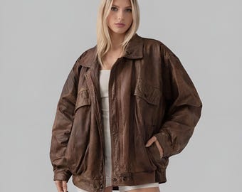 1990er Jahre Oversized Distressed Vintage Echtleder Jacke: Retro Bomberjacke Boxy Fit