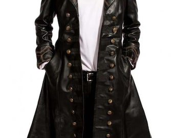 Handgefertigter Piraten-Stil Captain Hook Leder Trenchcoat, Offener Langer Piraten-Mantel, Halloween-Kostüm-Ledermantel