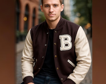 Herren Hotline Miami Flight Braun Varsity Bomberjacke | Handgefertigte Braune Baseball Wolljacke | Herren Varsity B Logo Bomberjacke