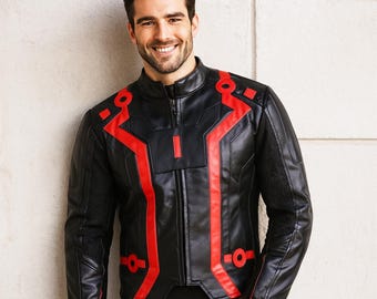 Tron Ares-inspirierte Herrenlederjacke - Futuristisches Rotes Streifen Sci-Fi Cosplay Kostüm