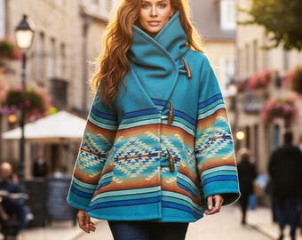 Frauen Beth Dutton Blue Geometric Wollmischung Mantel | Gelb-Stein inspiriert Fleece gefütterte Kapuzenjacke | Handmade TV-Show Kostüm inspiriert