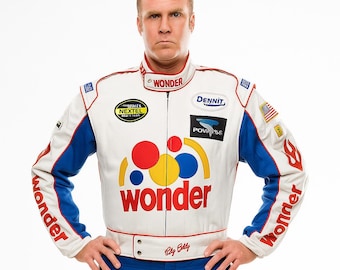 Handgefertigte Wonder Bread Die Ballade von Ricky Bobby Kostüm Racing Lederjacke für Männer & Frauen, Wonder White Lederjacke, Halloweenjacke